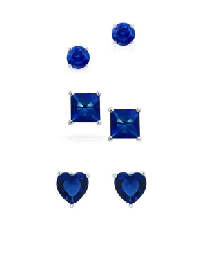18k White Gold Plated 1Cttw 7mm Created Blue Sapphire 3 Pair Round, Square and Heart Stud Earrings