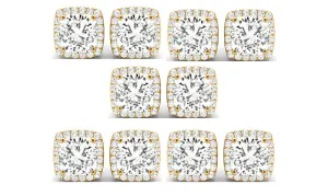 18k Yellow Gold 6mm 3Ct Cushion Cut White Sapphire Set Of Five Halo Stud Earrings Plated
