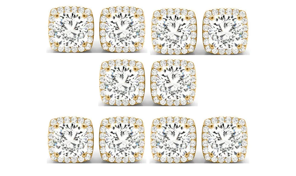 18k Yellow Gold 6mm 3Ct Cushion Cut White Sapphire Set Of Five Halo Stud Earrings Plated