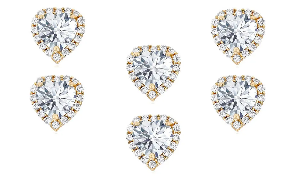 18k Yellow Gold Plated 2Ct Heart White Sapphire Set of Three Halo Stud Earrings