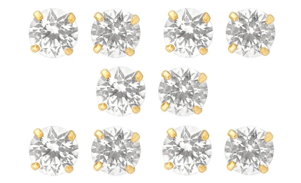18k Yellow Gold Plated 4Ct Round White Sapphire Set Of Five Stud Earrings