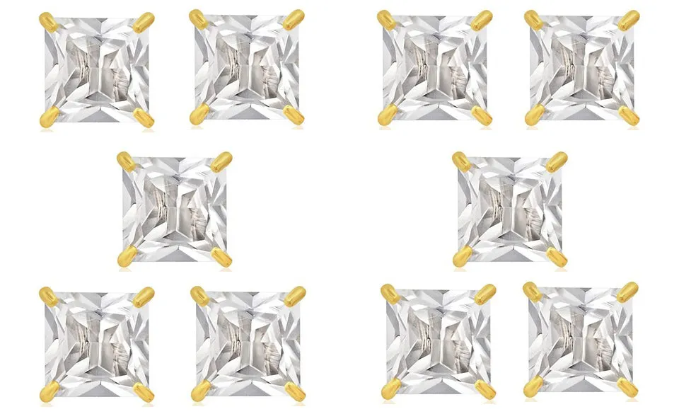 18k Yellow Gold Plated 4Ct Square Cut White Sapphire Set Of Five Stud Earrings