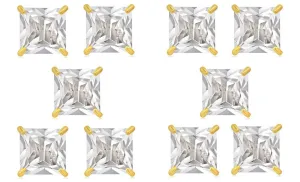 18k Yellow Gold Plated 4Ct Square Cut White Sapphire Set Of Five Stud Earrings
