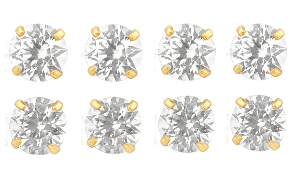 18k Yellow Gold Plated 4mm 1Ct Round White Sapphire Set Of Four Stud Earrings