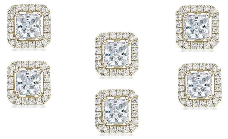 18k Yellow Gold Plated 6mm 2Ct Princess Cut White Sapphire Set of Three Halo Stud Earrings