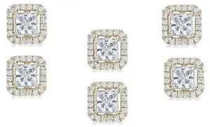 18k Yellow Gold Plated 6mm 2Ct Princess Cut White Sapphire Set of Three Halo Stud Earrings