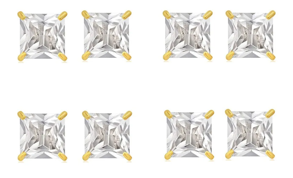 18k Yellow Gold Plated 6mm 2Ct Square Cut White Sapphire Set Of Four Stud Earrings