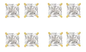 18k Yellow Gold Plated 6mm 2Ct Square Cut White Sapphire Set Of Four Stud Earrings