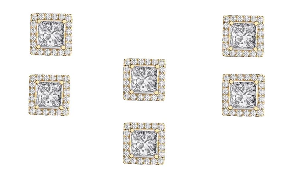 18k Yellow Gold Plated 6mm 2Ct Square Cut White Sapphire Set of Three Halo Stud Earrings