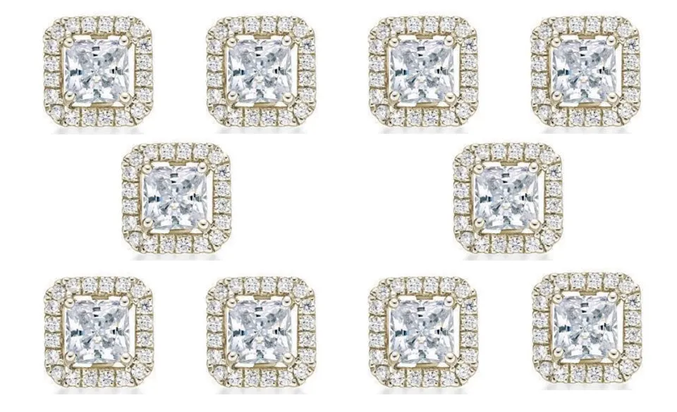18k Yellow Gold Plated 6mm 3Ct Princess Cut White Sapphire Set of Five Halo Stud Earrings