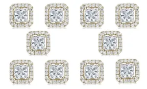 18k Yellow Gold Plated 6mm 3Ct Princess Cut White Sapphire Set of Five Halo Stud Earrings