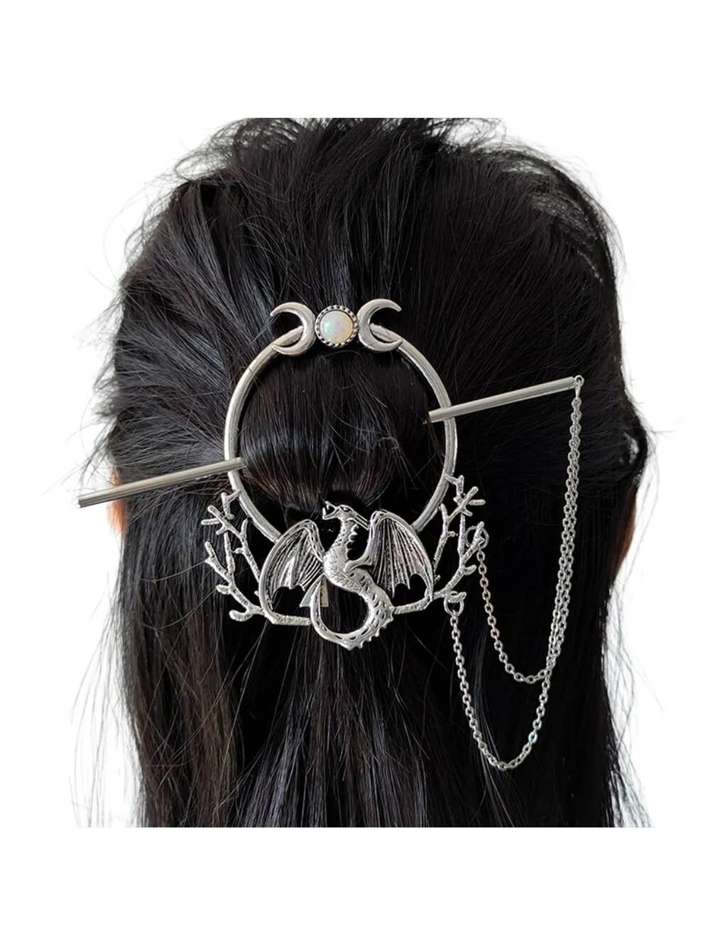 1pc Vintage Forest Dragon Hair Sticks With Tassels Triple Moon Hairpin Hairclip