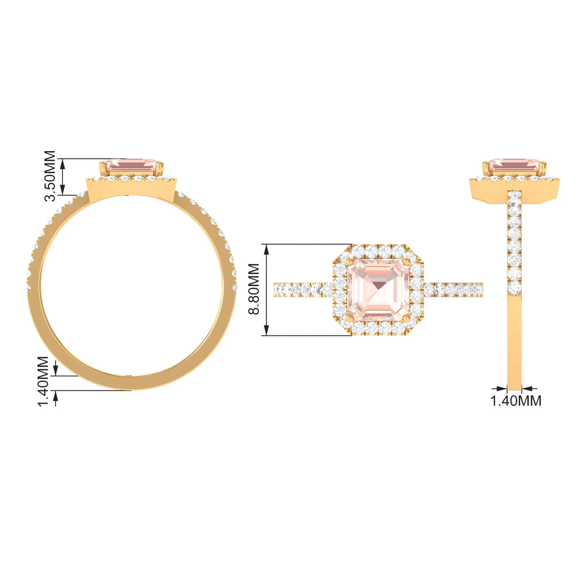 2 CT Asscher Cut Morganite Halo Engagement Ring with Diamond