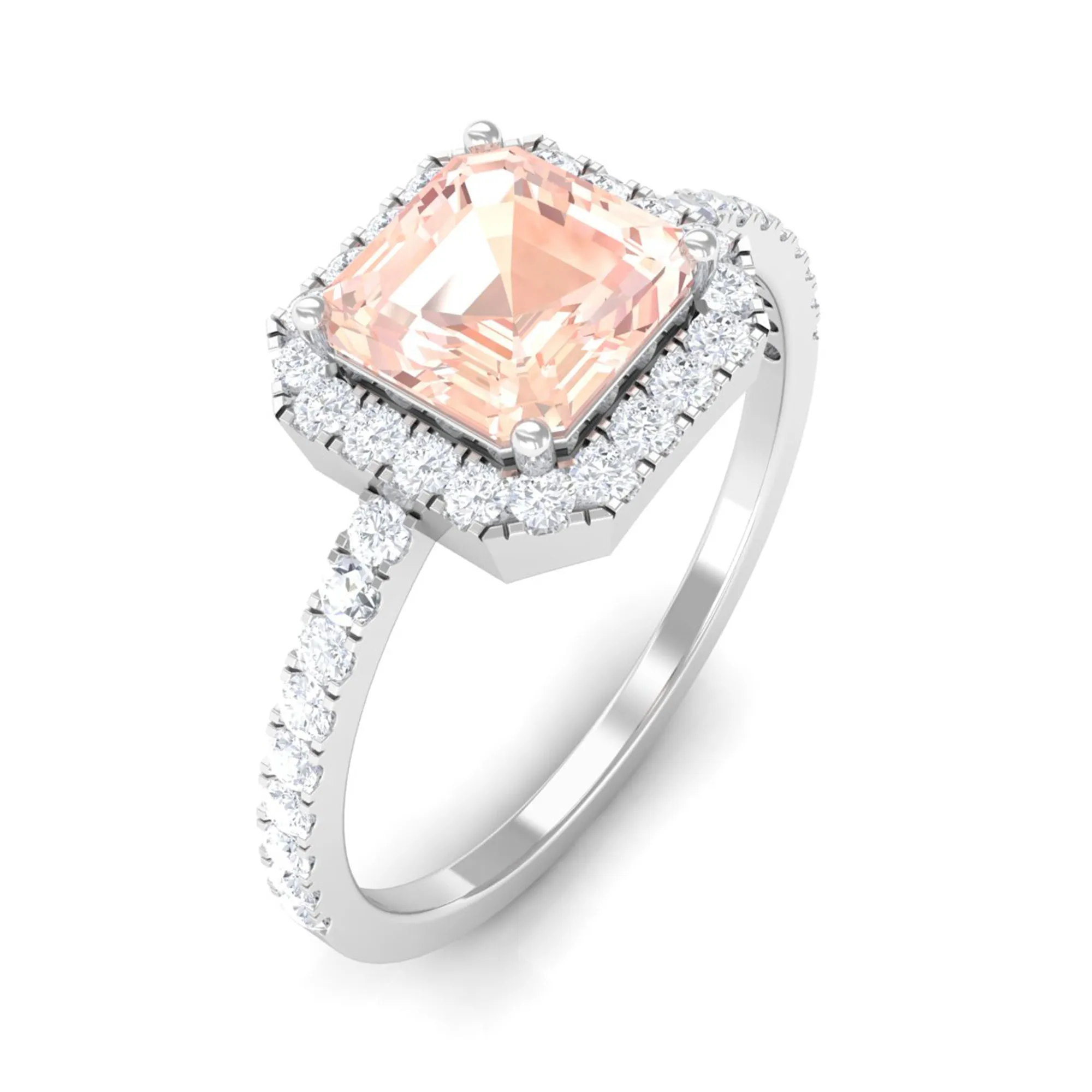2 CT Asscher Cut Morganite Halo Engagement Ring with Diamond