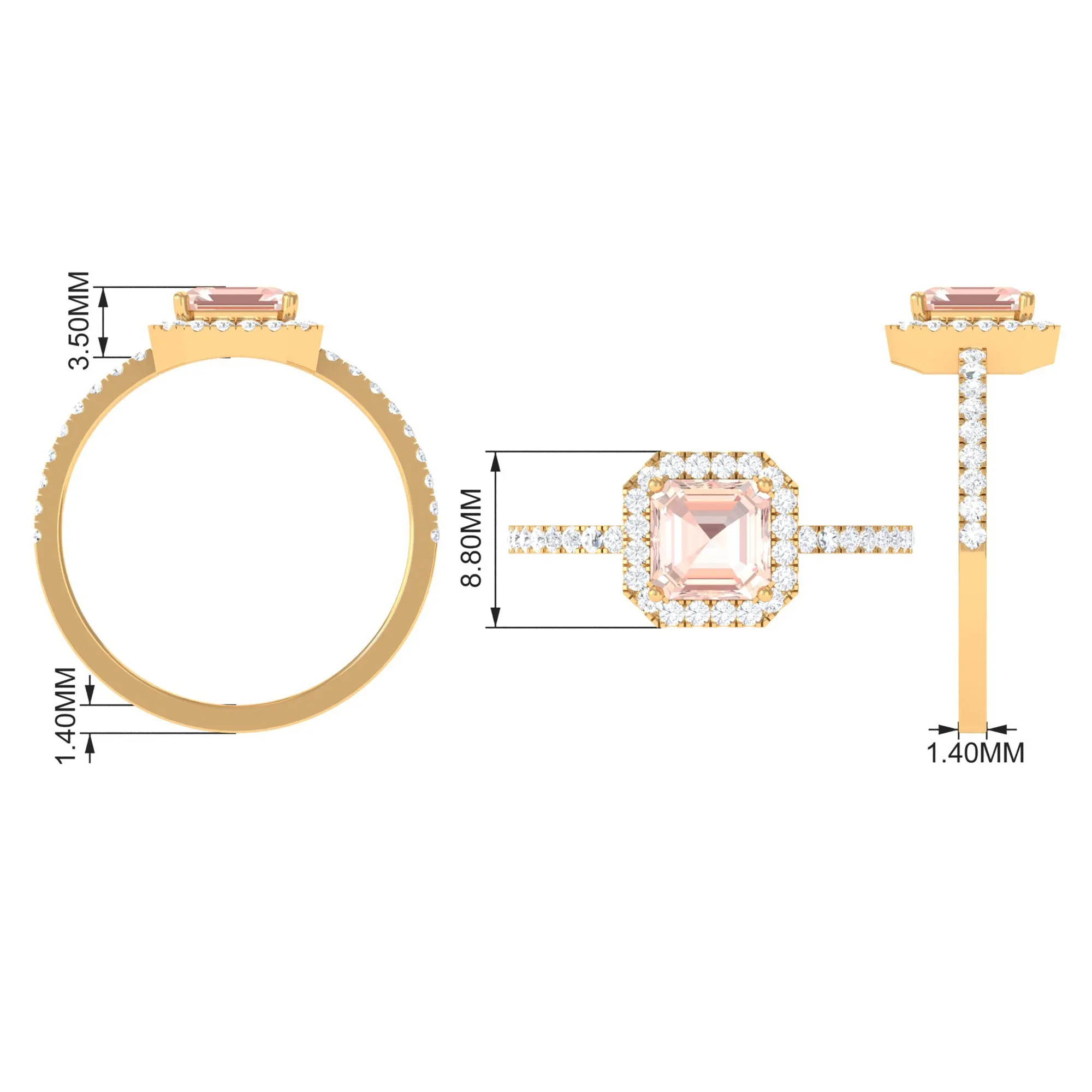 2 CT Asscher Cut Morganite Halo Engagement Ring with Diamond