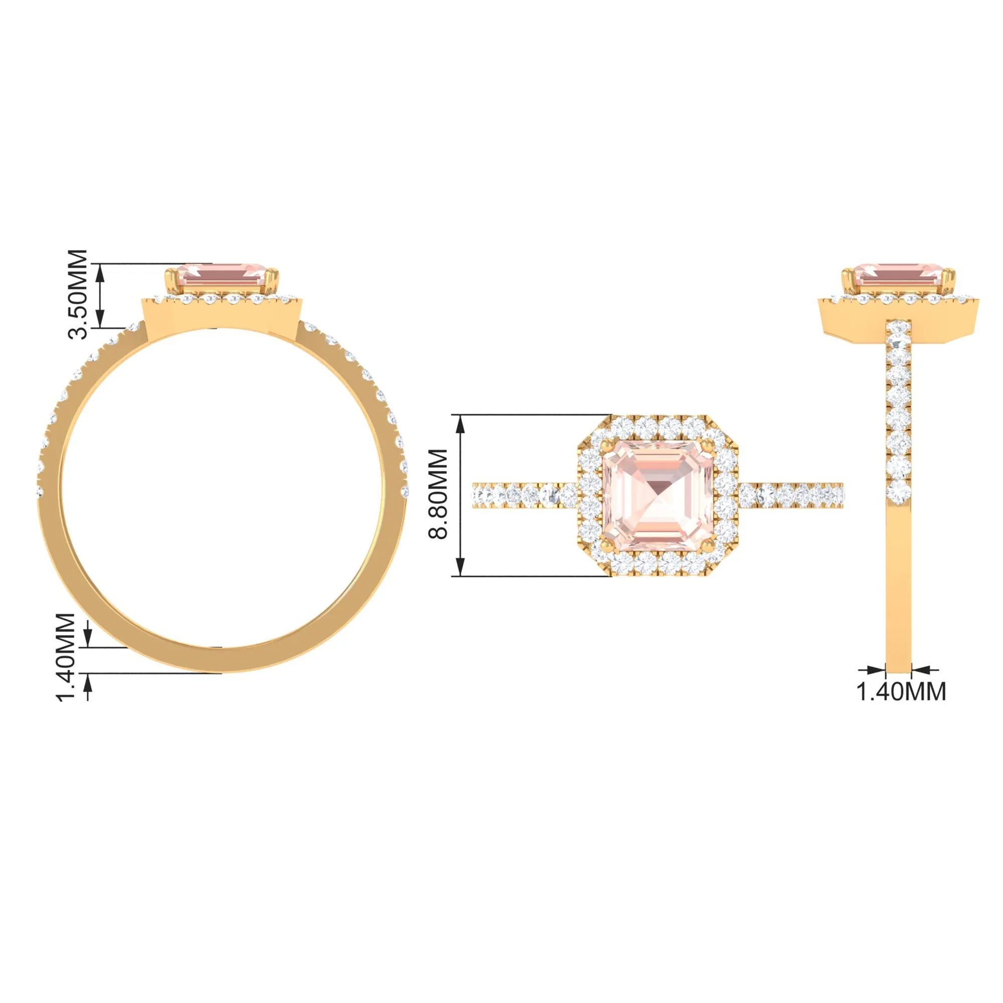2 CT Asscher Cut Morganite Halo Engagement Ring with Diamond