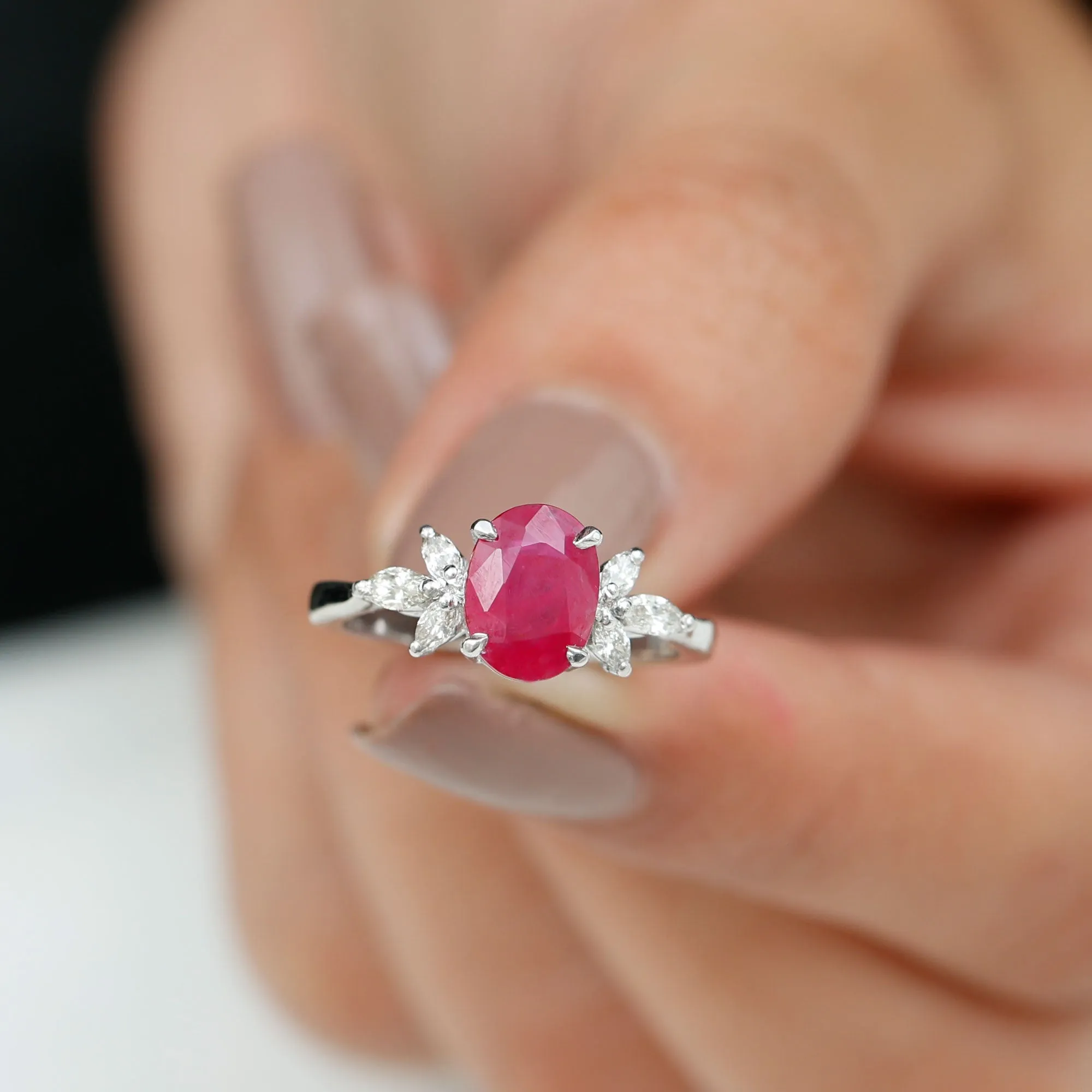 2 CT Claw Set Oval Created Ruby Solitaire and Marquise Diamond Trio Ring