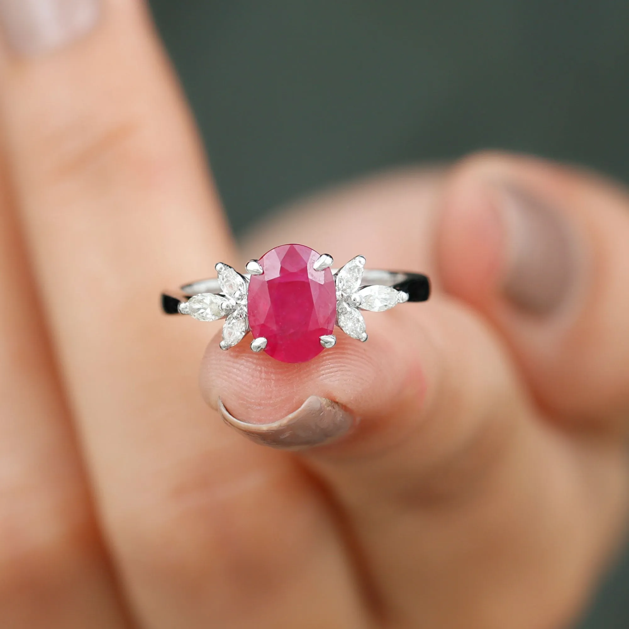 2 CT Claw Set Oval Created Ruby Solitaire and Marquise Diamond Trio Ring