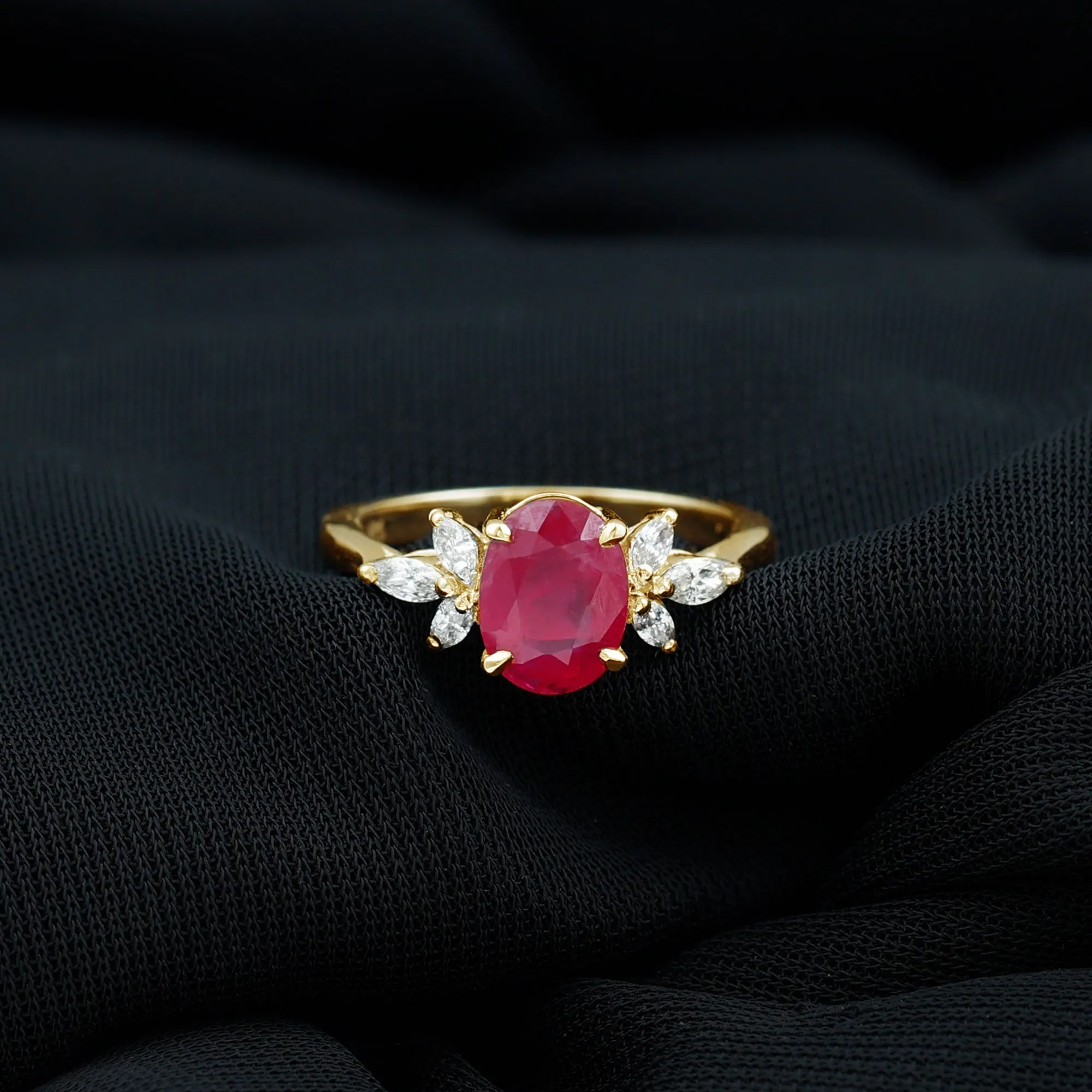 2 CT Claw Set Oval Created Ruby Solitaire and Marquise Diamond Trio Ring