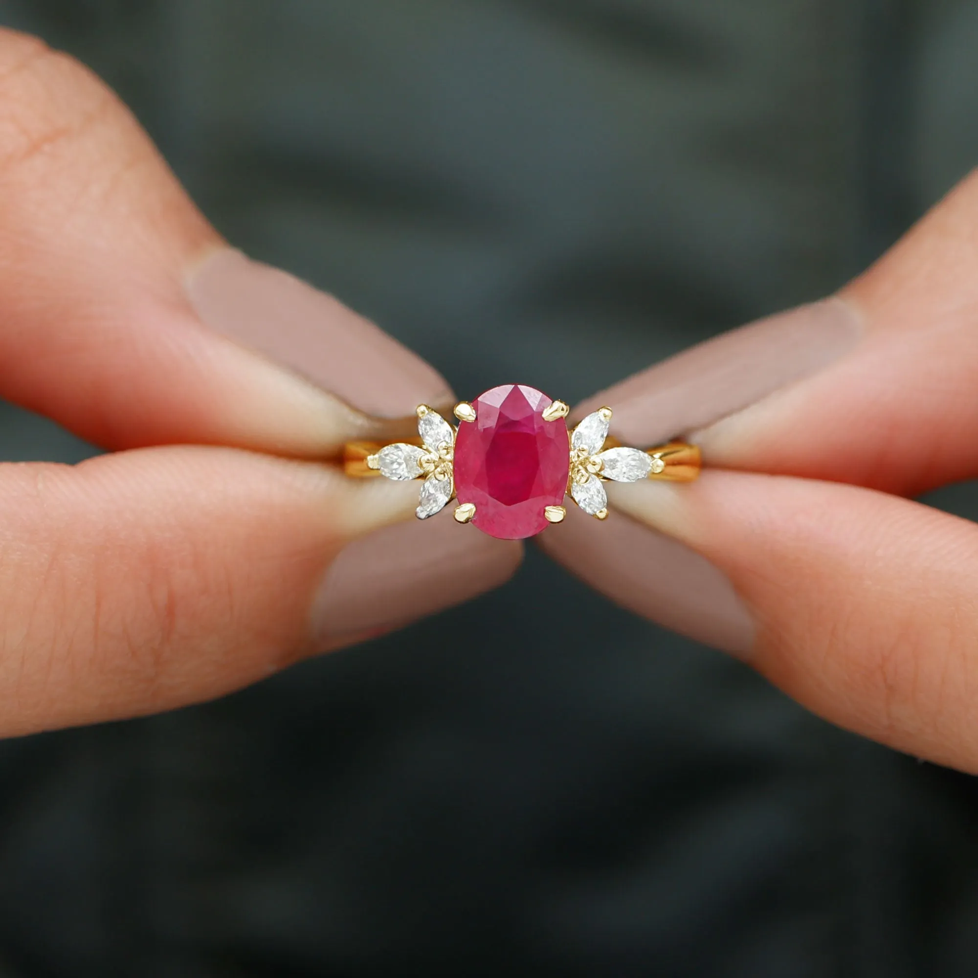 2 CT Claw Set Oval Created Ruby Solitaire and Marquise Diamond Trio Ring