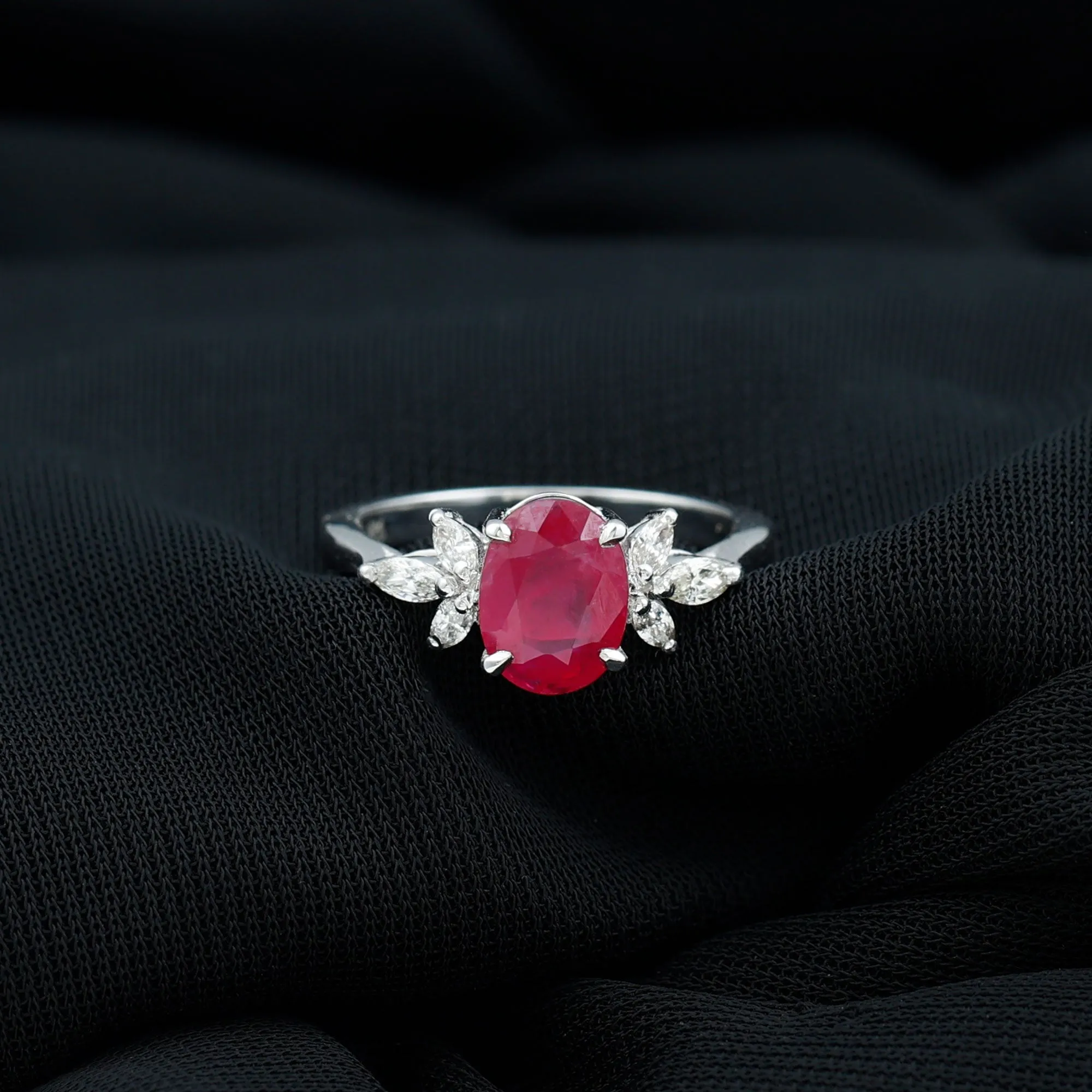 2 CT Claw Set Oval Created Ruby Solitaire and Marquise Diamond Trio Ring