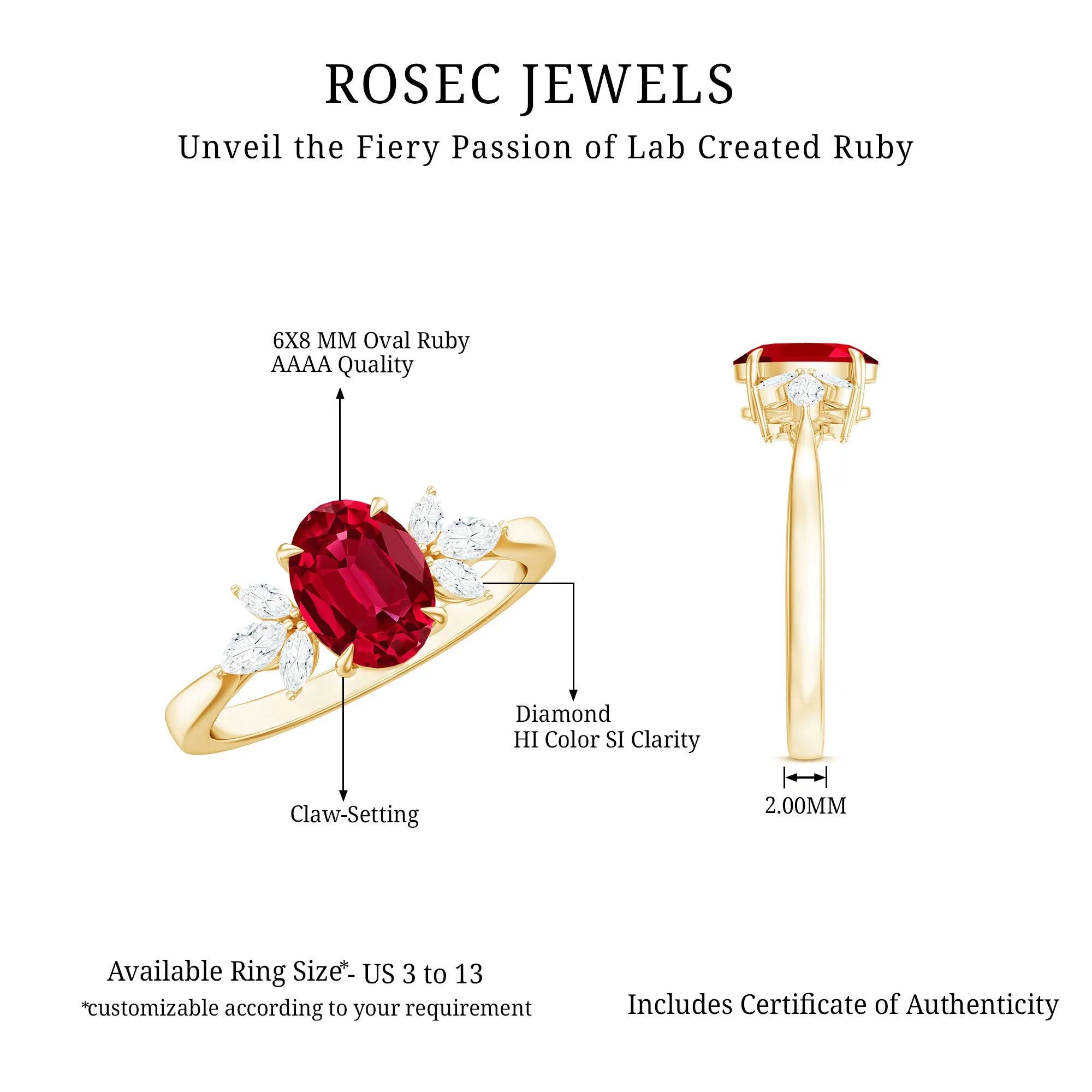 2 CT Claw Set Oval Created Ruby Solitaire and Marquise Diamond Trio Ring