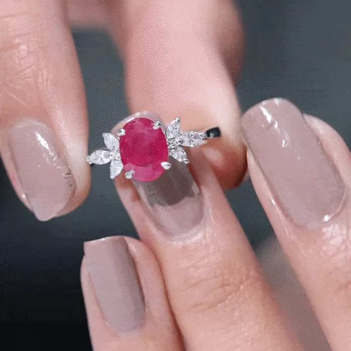 2 CT Claw Set Oval Created Ruby Solitaire and Marquise Diamond Trio Ring