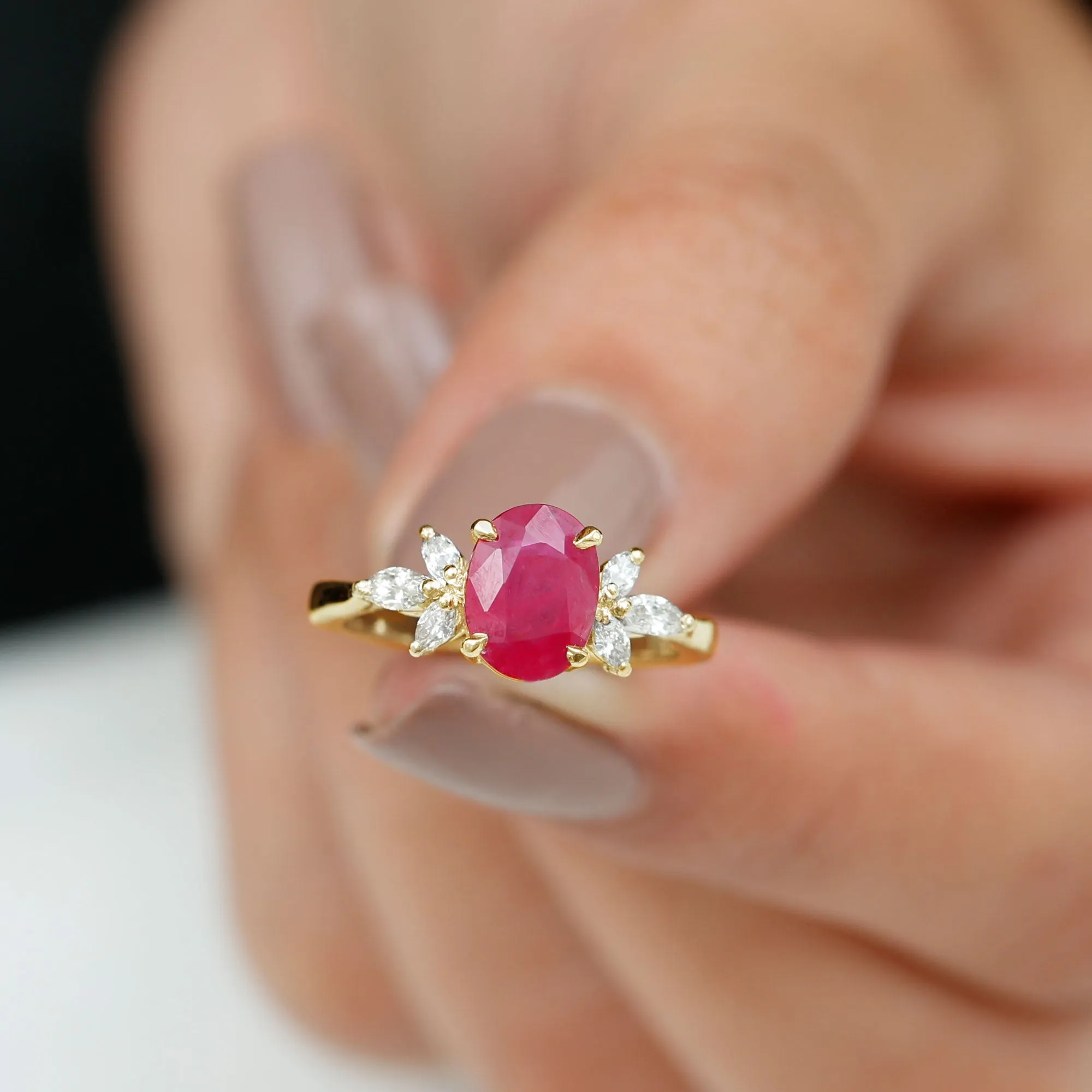 2 CT Claw Set Oval Created Ruby Solitaire and Marquise Diamond Trio Ring