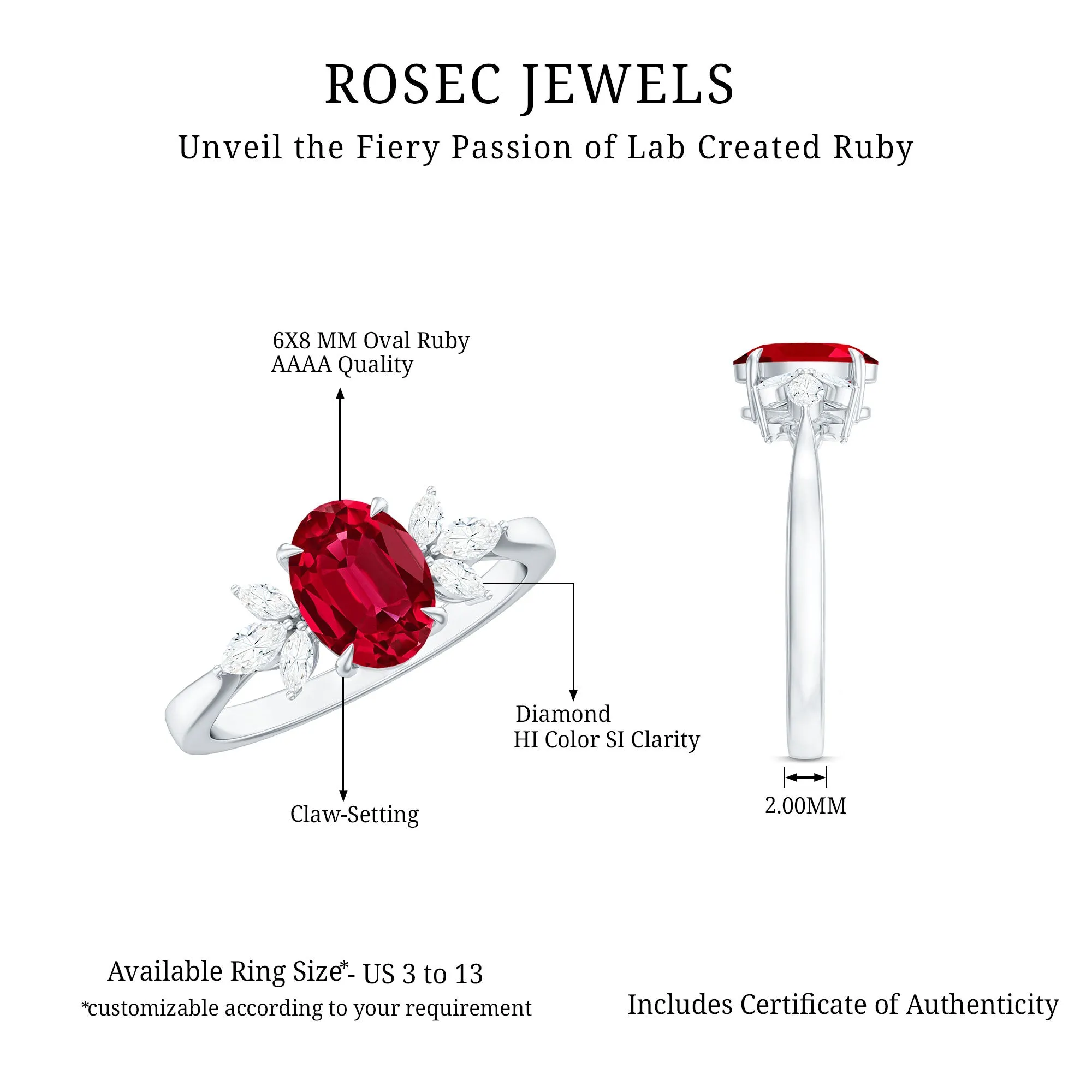 2 CT Claw Set Oval Created Ruby Solitaire and Marquise Diamond Trio Ring
