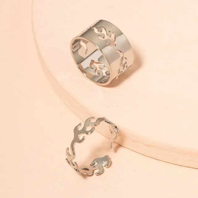 2 Pcs/set of Korean Flame Rings for Women Simple Fashion Open Ring Set Vintage Moire Ring Couple Rings Accessories Jewelry