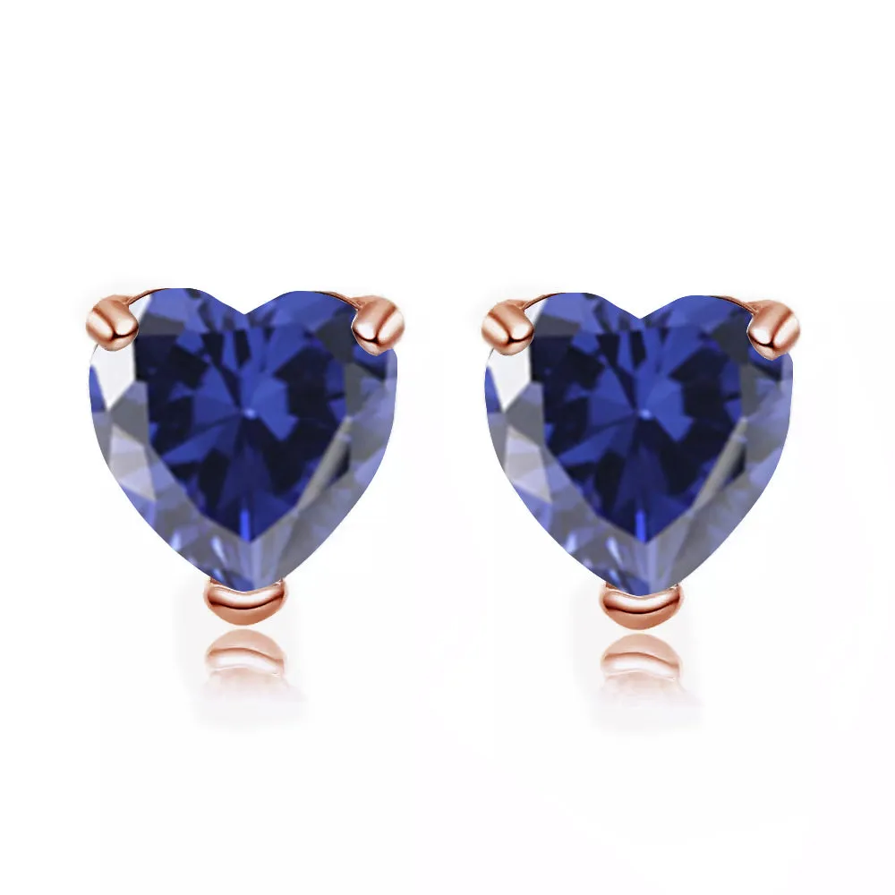 24k Rose Gold Plated 3 Carat Heart Created Blue Sapphire Stud Earrings