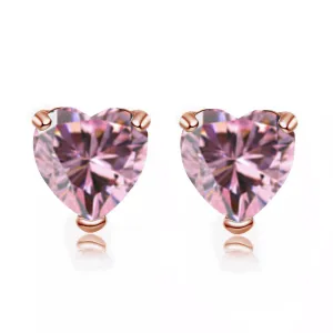 24k Rose Gold Plated 4 Carat Heart Created Pink Sapphire Stud Earrings