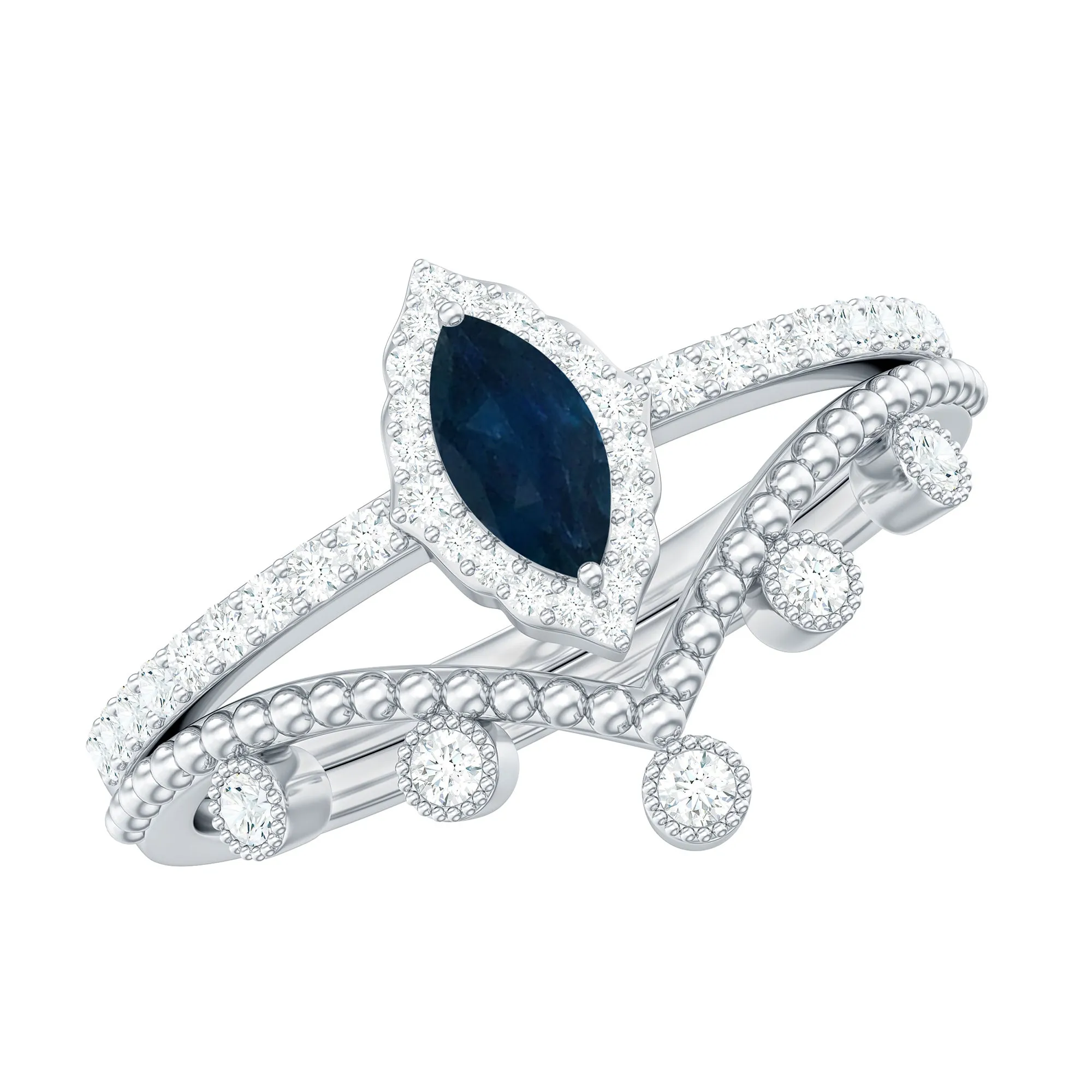 3/4 CT Certified Blue Sapphire Designer Ring Set with Diamond Chevron Band