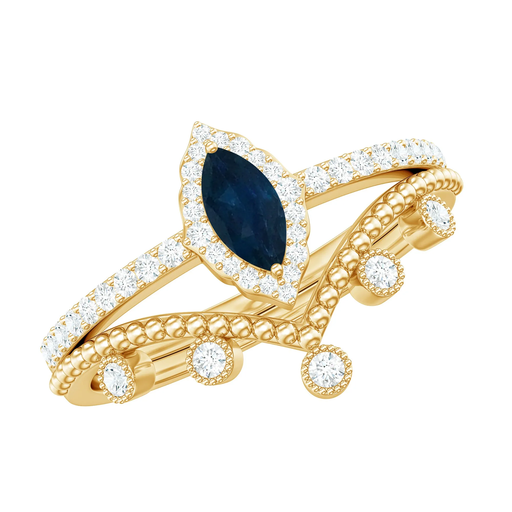3/4 CT Certified Blue Sapphire Designer Ring Set with Diamond Chevron Band