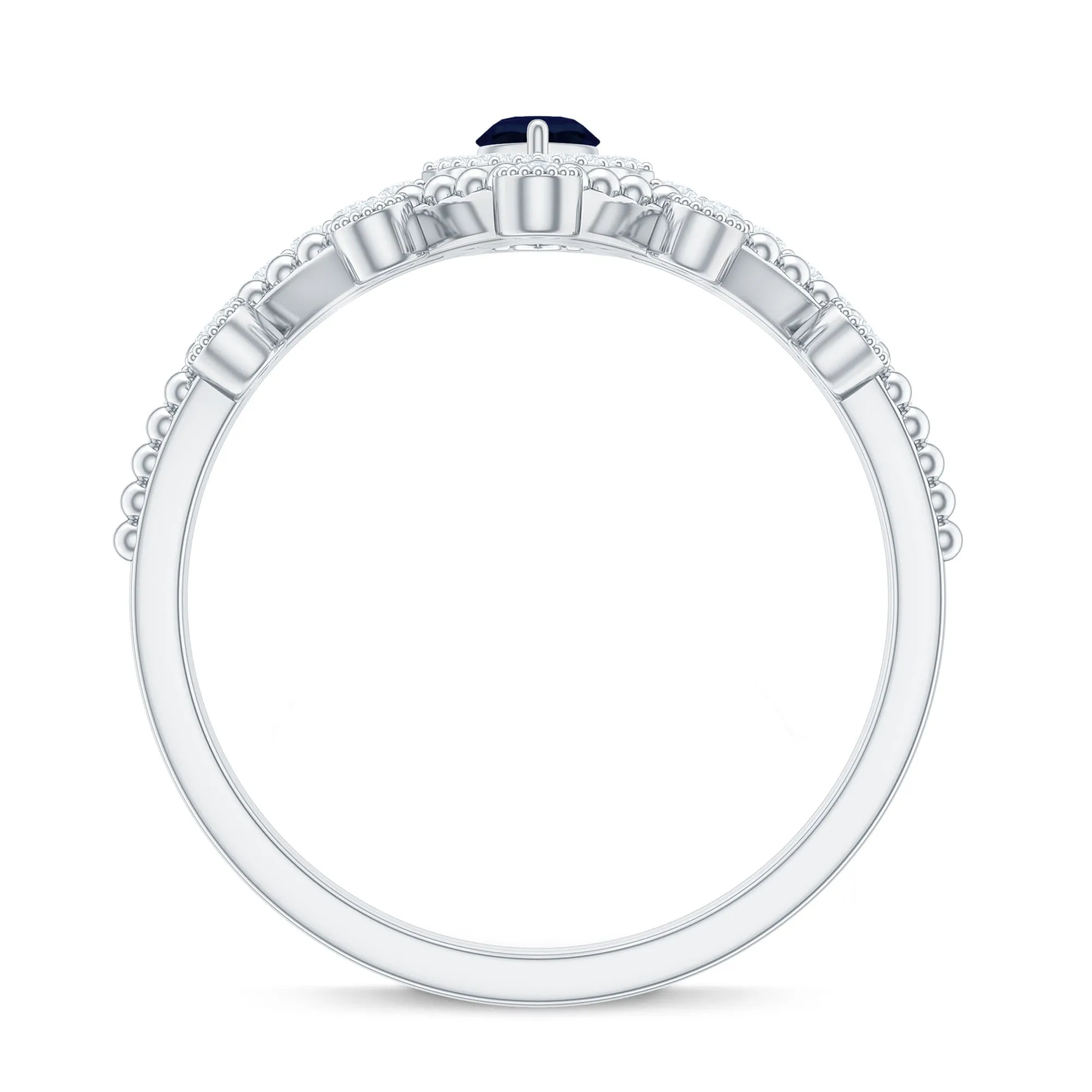 3/4 CT Certified Blue Sapphire Designer Ring Set with Diamond Chevron Band