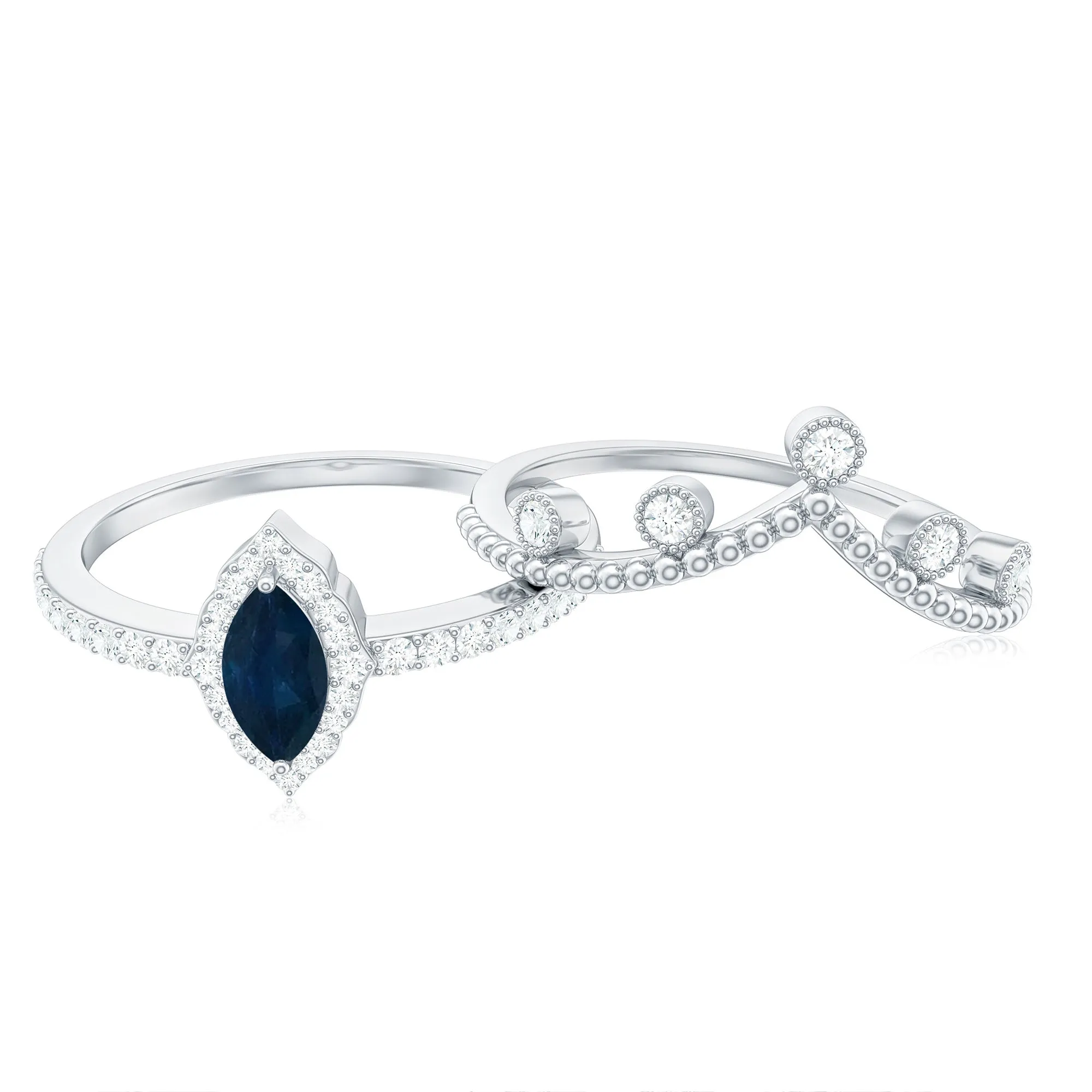 3/4 CT Certified Blue Sapphire Designer Ring Set with Diamond Chevron Band