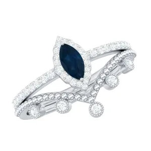 3/4 CT Certified Blue Sapphire Designer Ring Set with Diamond Chevron Band