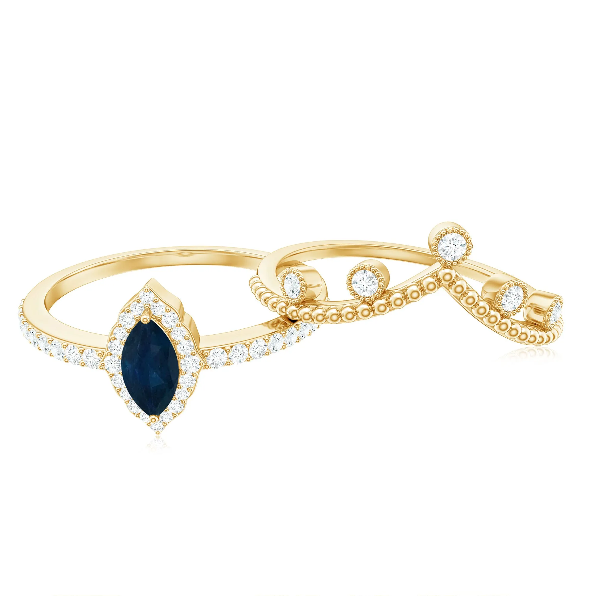 3/4 CT Certified Blue Sapphire Designer Ring Set with Diamond Chevron Band
