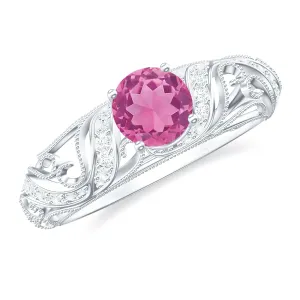 3/4 CT Vintage Style Pink Tourmaline Engagement Ring with Diamond
