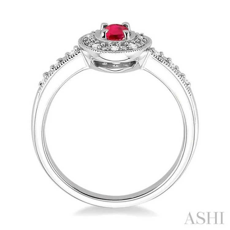 5x3mm Oval Cut Ruby and 1/10 Ctw Single Cut Diamond Ring in 10K White Gold.