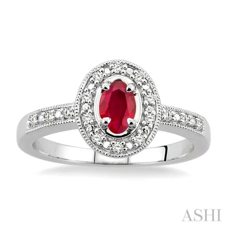 5x3mm Oval Cut Ruby and 1/10 Ctw Single Cut Diamond Ring in 10K White Gold.