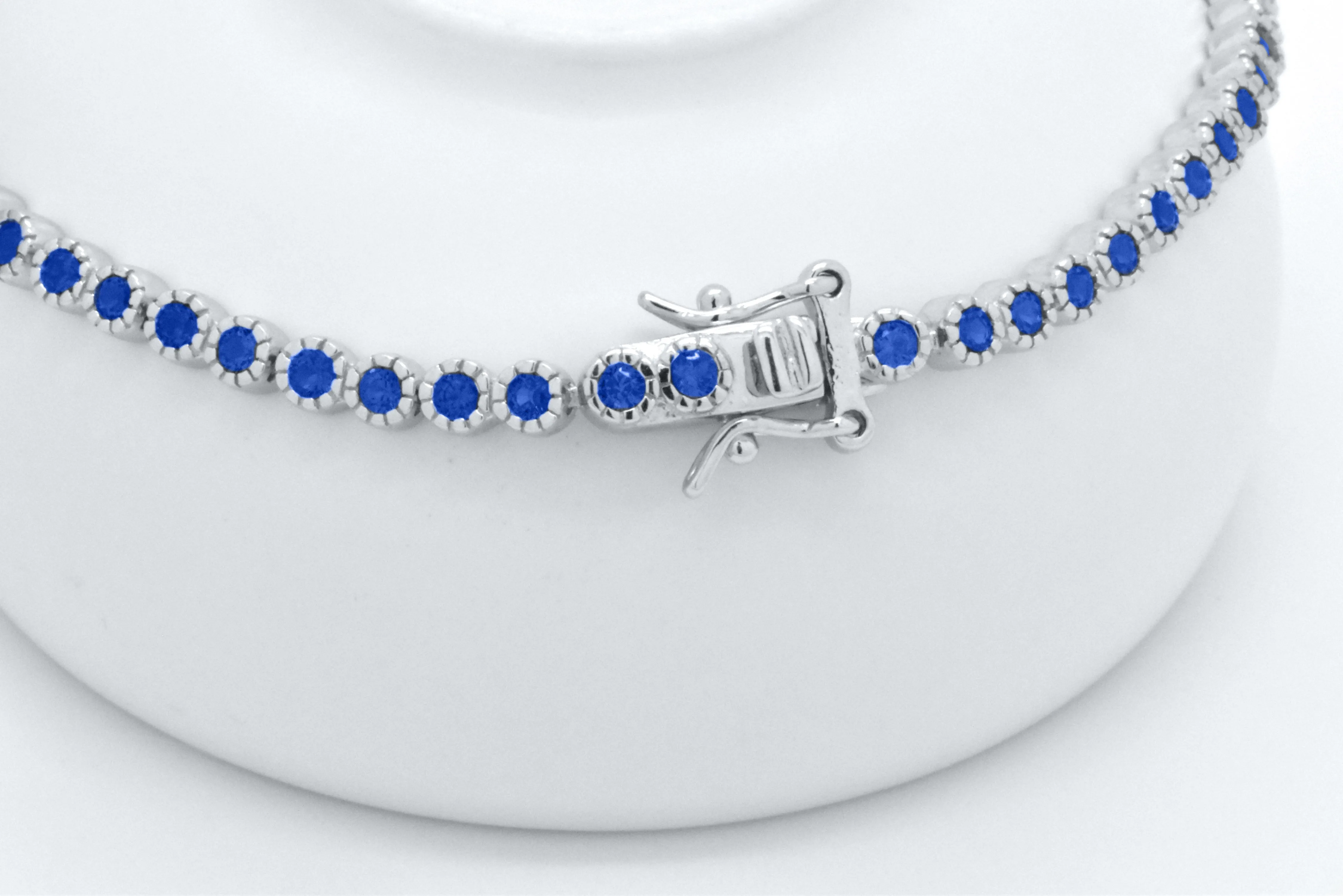 925 Sterling Silver Blue Sapphire Dainty Tennis Milgrain Bracelet