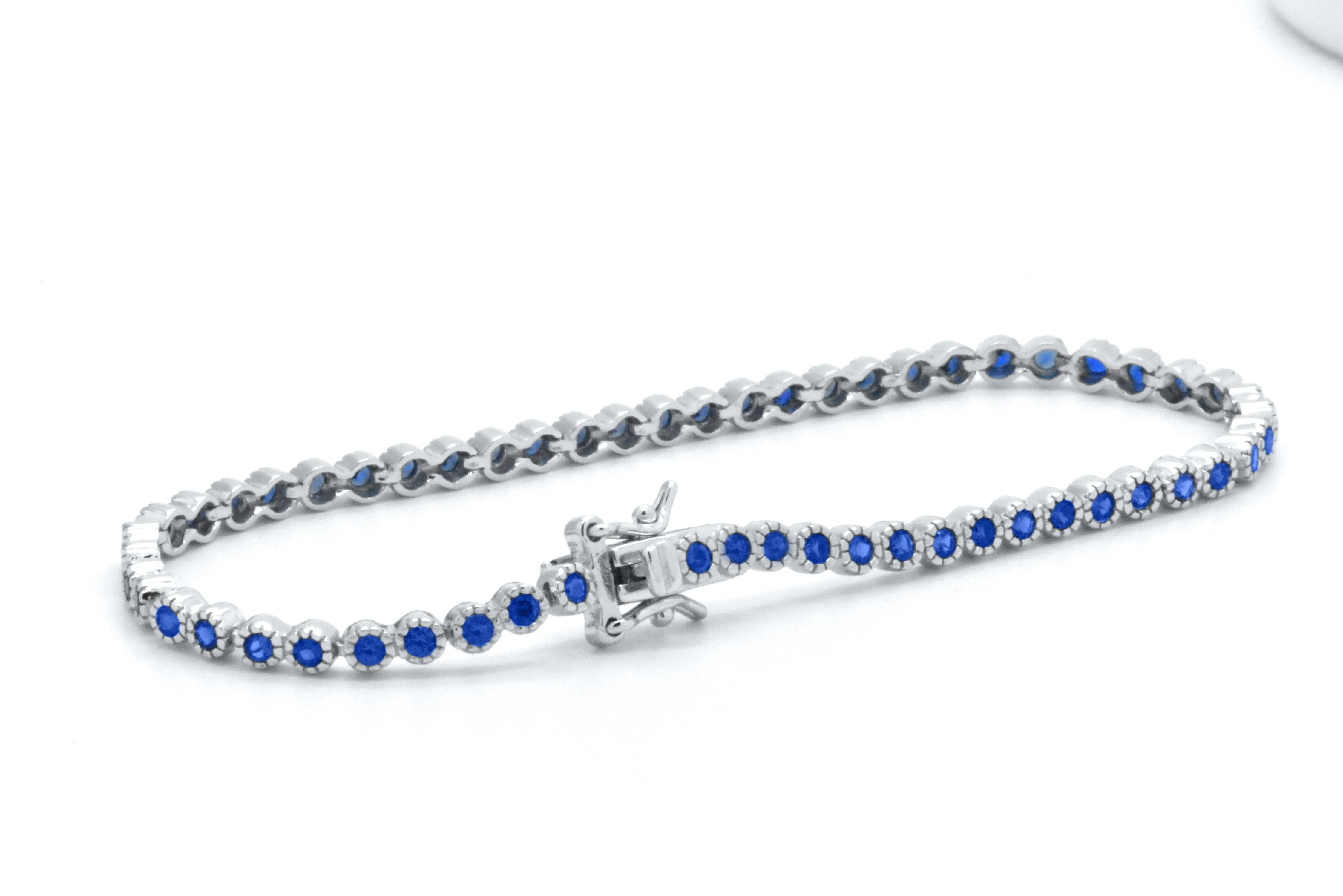 925 Sterling Silver Blue Sapphire Dainty Tennis Milgrain Bracelet