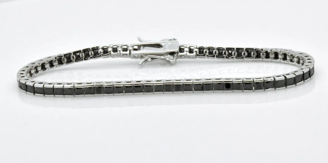 925 Sterling Silver Created Black Sapphire Princess Cut Tennis Bracelet