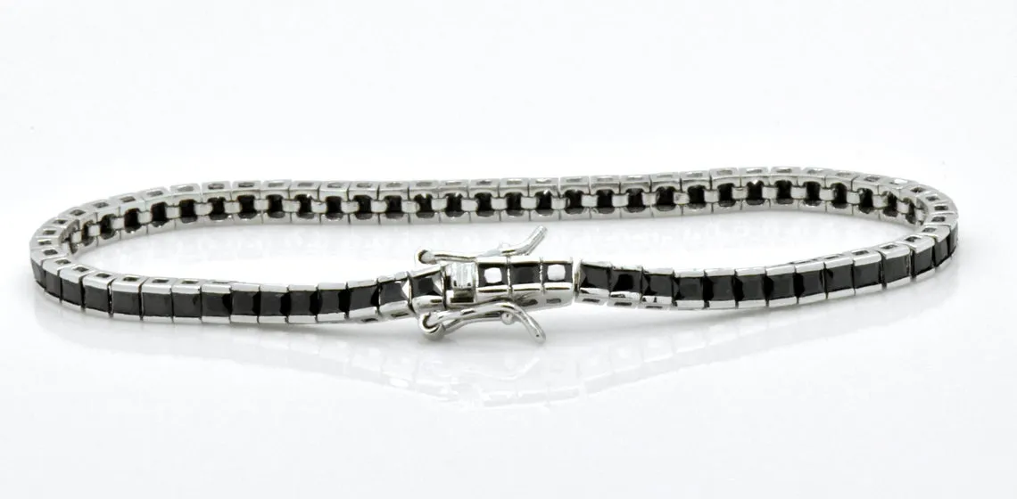 925 Sterling Silver Created Black Sapphire Princess Cut Tennis Bracelet