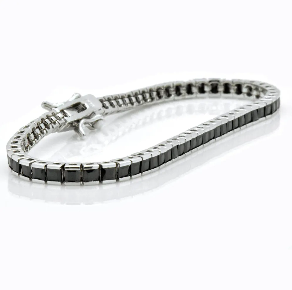 925 Sterling Silver Created Black Sapphire Princess Cut Tennis Bracelet