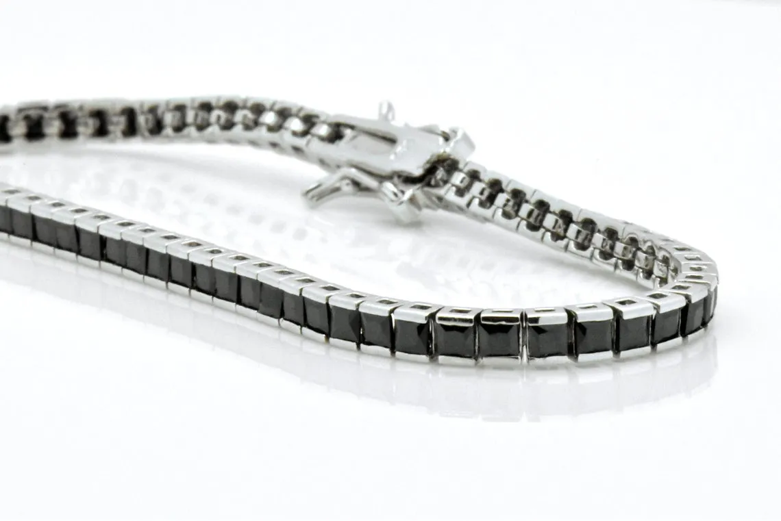 925 Sterling Silver Created Black Sapphire Princess Cut Tennis Bracelet