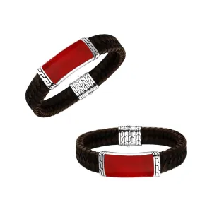 AB-1135-LT-MIXS-CR Sterling Silver Bracelet With Mix Leather & Coral