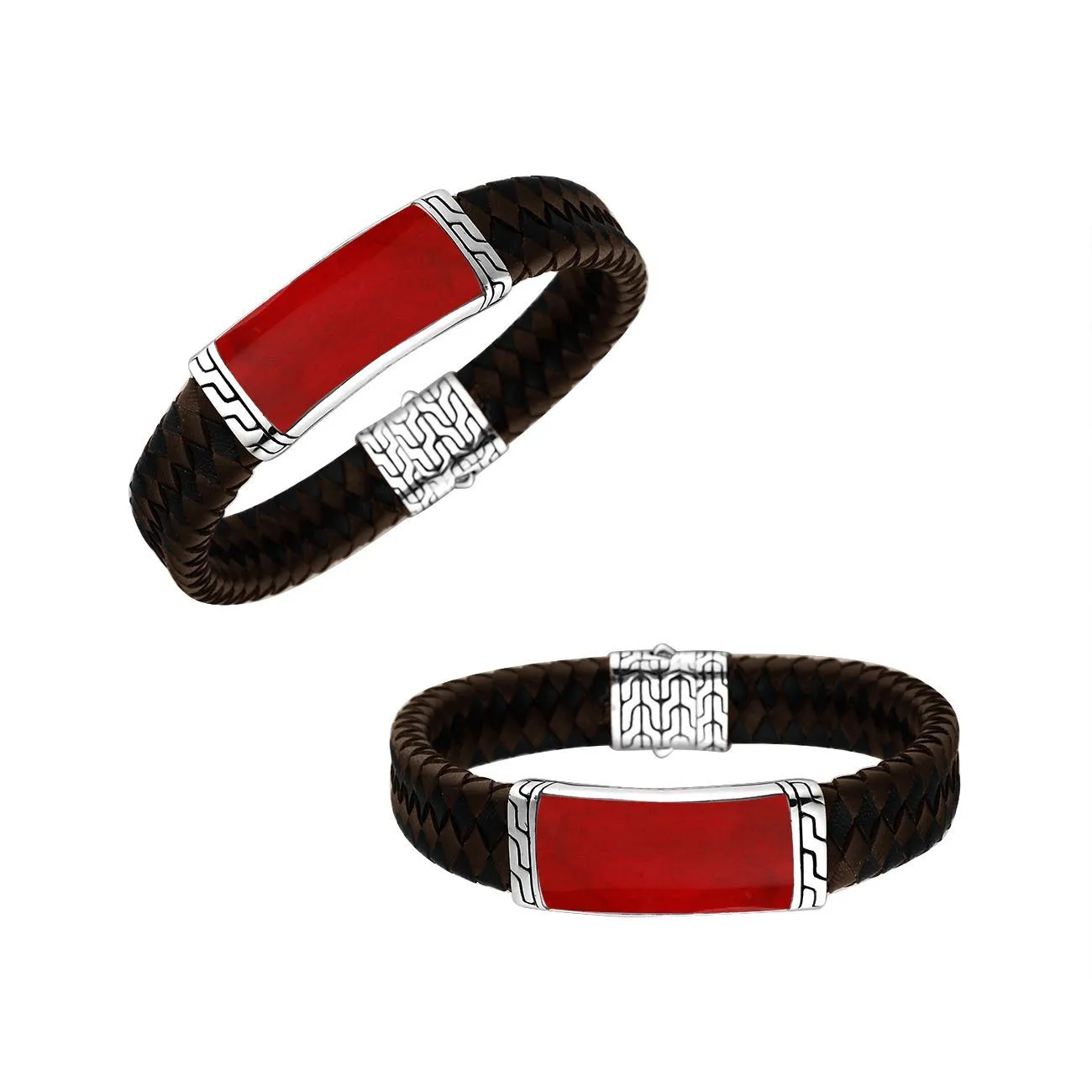 AB-1135-LT-MIXS-CR Sterling Silver Bracelet With Mix Leather & Coral