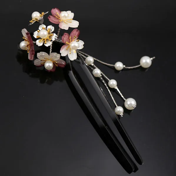 Acrylic 2-Prong Hair Stick Fork Hairpin with Gradient Purple Flower Cluster & Faux Pearl Tassels